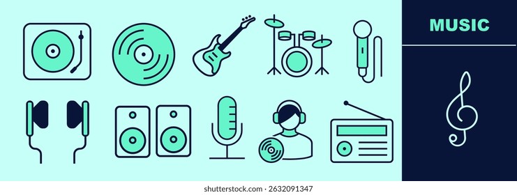 Set of icons for music recording: record player, vinyl, electric guitar, drums, microphone, headset, sound system, radio. Editable icon elements, size and color.