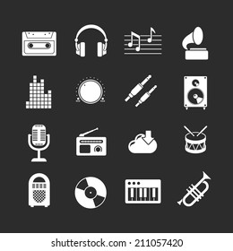 Set icons of music and sound isolated on black. Vector illustration