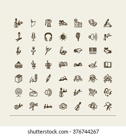 Set of icons -  music, stage, opera, circus, ballet, literature, theater, radio. A vector.