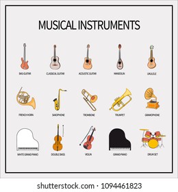 A set of icons with musical instruments. Guitars, winds, strings, keyboards, percussion instruments and a microphone with a gramophone. Isolated on a light background. Vector illustration.