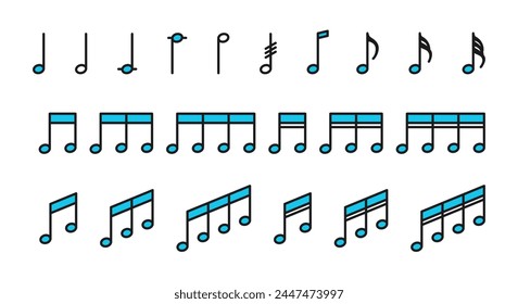 Set of icons with musical notes in blue color. Musical notes in a simple and minimalistic style. 