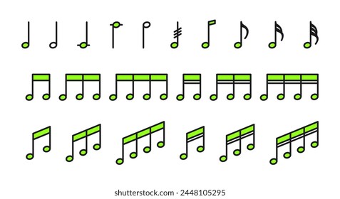 Set of icons with musical notes in green color. Musical notes in a simple and minimalistic style. 