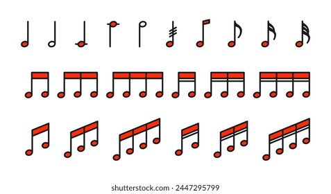 Set of icons with musical notes in red color. Musical notes in a simple and minimalistic style. 