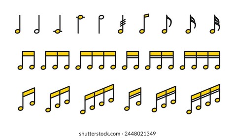 Set of icons with musical notes in yellow color. Musical notes in a simple and minimalistic style. 