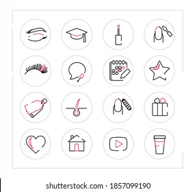 Set of icons for nail Studio and beauty salon. Vector icons for eyelash extensions, eyebrow correction, hair removal, manicure, pedicure. Trendy stylish icons in black and pink. icons for the website