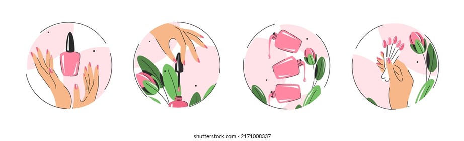 Set von Symbolen für Nagelstudio. Nagellack, Nagelbürste, handgemachte weibliche Hände. Vektorgrafiken