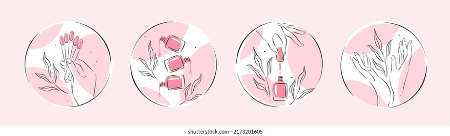 Set of icons for nail studio. Nail polish, nail brush, manicured female hands. Vector illustrations