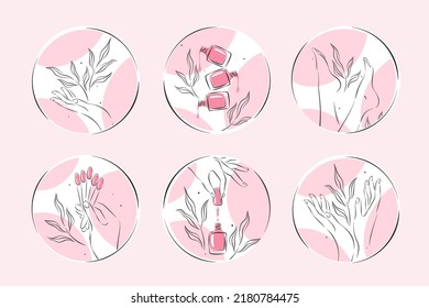 Conjunto de iconos para estudio de uñas o salón. Esmalte de uñas, pincel de uñas, manos y piernas femeninas manicuradas. Ilustraciones vectoriales