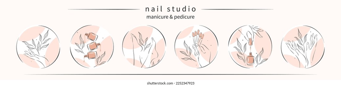 Set of icons for nail studio or salon. Nail polish, nail brush, manicured female hands and legs. Vector illustrations