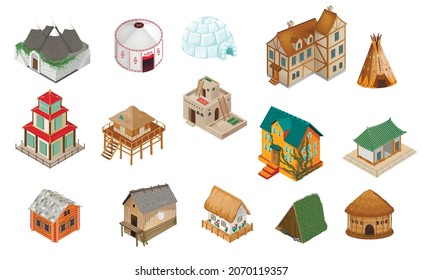 Set of icons national dwellings of the peoples of the world 15 houses. Traditional dwellings of different peoples of the world. Vector illustration.