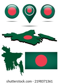 Set of icons of the national flag of Bangladesh in different designs on a white background. Realistic vector illustration. Glossy button, pointer,  check in mark, flag ,map 3d map.