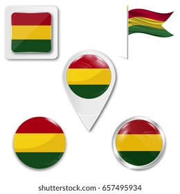 Set of icons of the national flag of Bolivia in different designs on a white background. Realistic vector illustration. Button, pointer and checkbox.