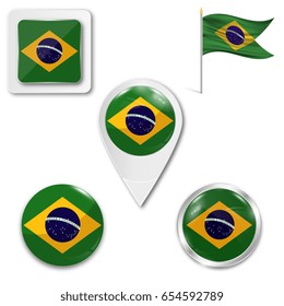 Set of icons of the national flag of Brazil in different designs on a white background. Realistic vector illustration. Button, pointer and checkbox.