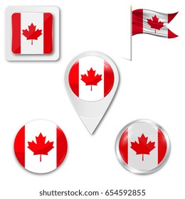 Set of icons of the national flag of Canada in different designs on a white background. Realistic vector illustration. Button, pointer and checkbox.