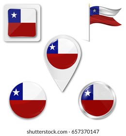 Set of icons of the national flag of Chile in different designs on a white background. Realistic vector illustration. Button, pointer and checkbox.