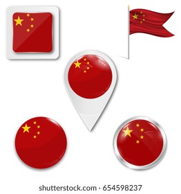 Set of icons of the national flag of China in different designs on a white background. Realistic vector illustration. Button, pointer and checkbox.
