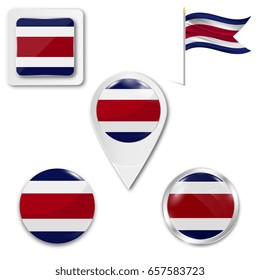 Set of icons of the national flag of Costa Rica in different designs on a white background. Realistic vector illustration. Button, pointer and checkbox.