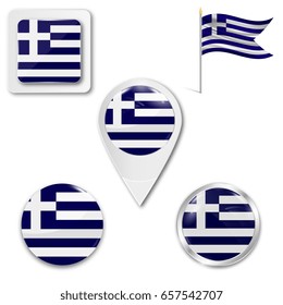 Set of icons of the national flag of Greece in different designs on a white background. Realistic vector illustration. Button, pointer and checkbox.