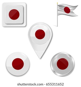 Set of icons of the national flag of Japan in different designs on a white background. Realistic vector illustration. Button, pointer and checkbox.