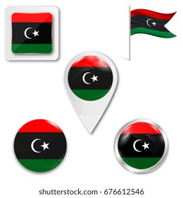 Set of icons of the national flag of Libya in different designs on a white background. Realistic vector illustration. Button, pointer and checkbox.
