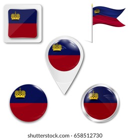 Set of icons of the national flag of Liechtenstein in different designs on a white background. Realistic vector illustration. Button, pointer and checkbox.