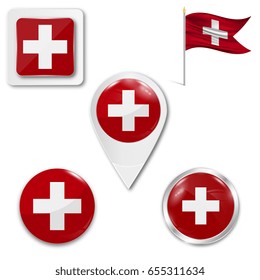 Set of icons of the national flag of Switzerland in different designs on a white background. Realistic vector illustration. Button, pointer and checkbox.