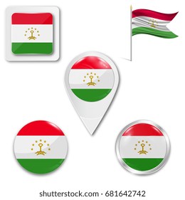Set of icons of the national flag of Tajikistan in different designs on a white background. Realistic vector illustration. Button, pointer and checkbox.