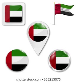 Set of icons of the national flag of United Arab Emirates in different designs on a white background. Realistic vector illustration. Button, pointer and checkbox.