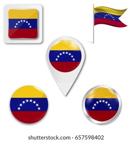 Set of icons of the national flag of Venezuela in different designs on a white background. Realistic vector illustration. Buttons and pointers