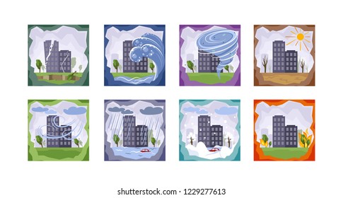 
A set icons of natural disasters or cataclysms. Natural disasters. Tornado, Storm, Heavy Rain, Flooding, Earthquake, Tsunami, Drought, Fire, Snowfall.