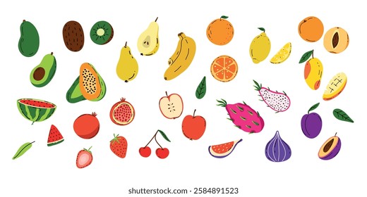 A set of icons with natural fruits and berries. Juicy tropical fruits. Avocado, kiwi, apple, pitahaya, papaya, watermelon, strawberry, mango, lemon, apricot, plum, fig, pear. cherry, banana. orange.