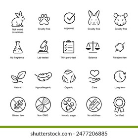 Set icons for natural and organic cosmetics packaging. The outline icons are well scalable and editable. Contrasting vector elements are good for different backgrounds. EPS10.