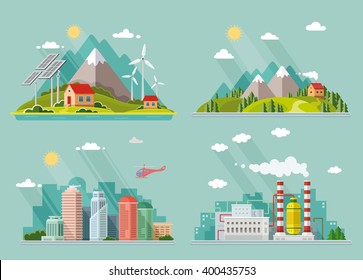 Set of icons of nature for your design. The theme of ecology, industry, city, countryside. Flat style vector illustration.