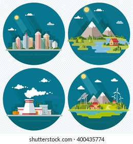 Set of icons of nature for your design. The theme of ecology, industry, city, countryside. Flat style vector illustration.