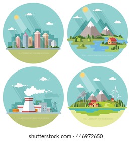 Set of icons of nature for your design. The theme of ecology, industry, city, countryside. Flat style vector illustration.