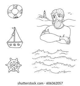 Set of icons nautical theme: sailor, waves, helm ship, ship and life buoy. Vector illustration on the white background.