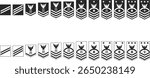 Set of icons of naval ranks of private and sergeant corps, icons of naval ranks in the form of silhouettes and lines in black colors.