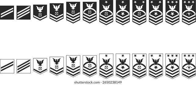 Set of icons of naval ranks of private and sergeant corps, icons of naval ranks in the form of silhouettes and lines in black colors.