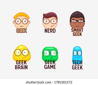 Set of Icons Nerds and Geeks Funny Faces Isolated on White Background. Smart Boys Characters Wearing Eyeglasses, Student, Professional Tech or Game Player, Strange Person. Cartoon Vector Illustration