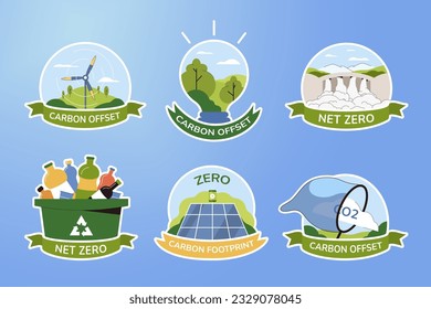 Set icons of net zero and carbon footprint. Sustainable development stickers. Green energy, reducing CO2 emissions design elements or labels. Eco friendly production, environmental safety.