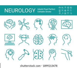 Set of icons of neurology. Vector icon as brain, neurologist, nervous system, nerves, equipment. Editable vector stroke. 64x64 Pixel Perfect.