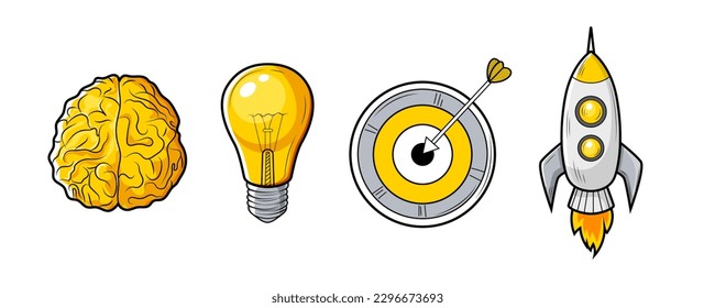 Conjunto de iconos para el concepto de nueva idea. Negocios de éxito o inicio. Cerebro amarillo, bombilla, objetivo de marketing, plan de estrategia. Empieza el crecimiento por un sistema inteligente. Dibujo del logo de las líneas de arte. Ilustración del vector
