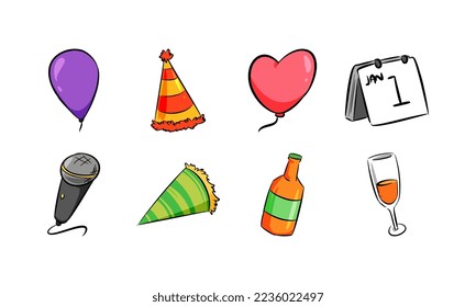 set of icons of new year, celebration, party. hand drawn vector. colorful.