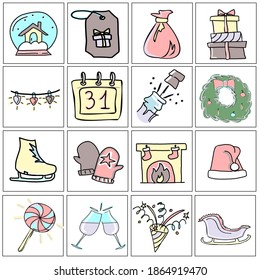 Set of icons in New Year and Christmas style. Sleigh, wreath, fireplace, champagne. Drawn by hand, doodle. Pastel colors. Elements for postcards, banners, festive website design. Vector isolated image