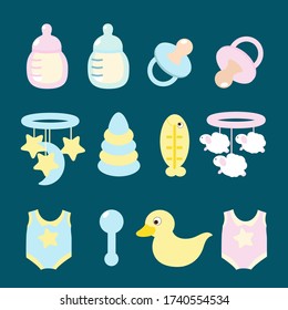 Set of icons for a newborn baby or the first year of life: mobile, comb, feeding bottle, pacifier, rubber duck, body, plastic pyramid, rattle, water thermometer. Pastel soft pink and blue tones.