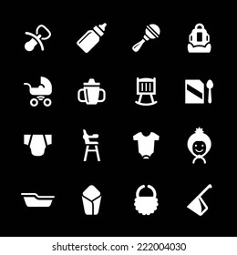 Set icons of newborn baby isolated on black. Vector illustration