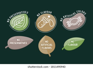 Set of Icons No Preservatives, Artificial Flavors and Colors, Isolated Labels in Shape of Leaves with Linear Glass Flask and Candy. Non Toxic, Free of Additives Food Production. Vector Illustration