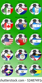 Set of icons. North and Central America's flags with soccer ball. Vector. 3D.   