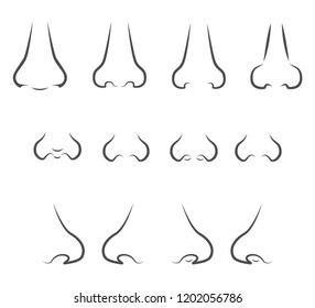 set of icons with a nose image in profile and full face. long and short and narrow and wide nose forms