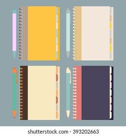 A set of icons "notebook and pen" in flat design.